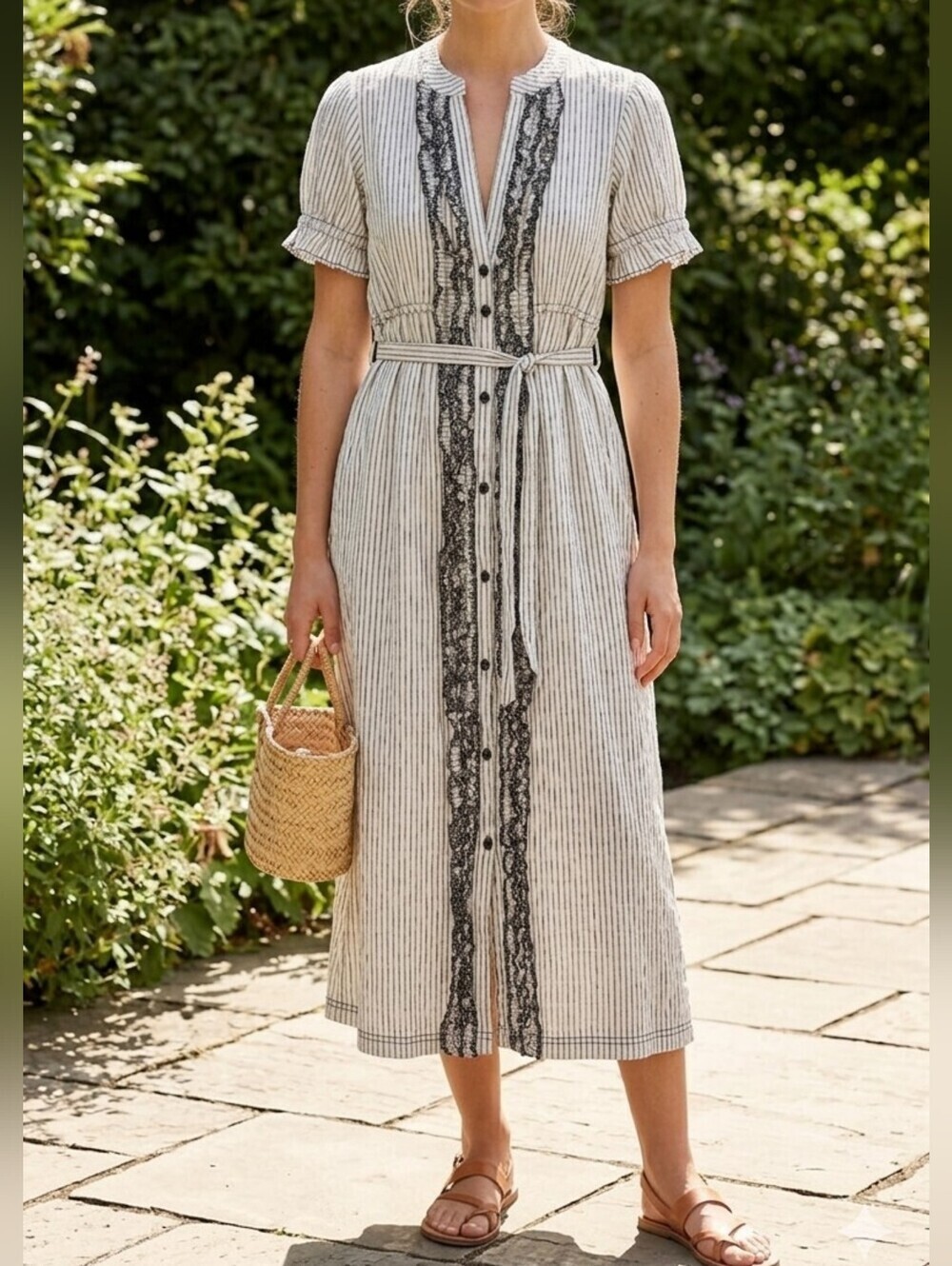 Pilcro Anthropologie White w Black Striped Lace-Trim Maxi Dress Seersucker XXS